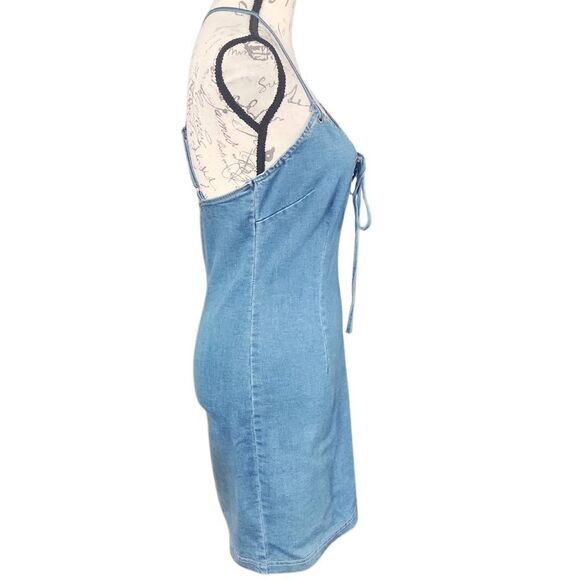 Mebon by Machine Jeans Ladies Size Large Blue Stretchy V-Neck Flirty Mini Dress - Picture 2 of 6